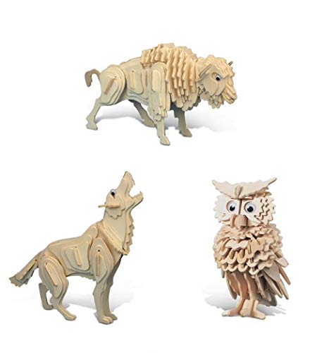 Puzzled Bundle Of Owl, Wolf And Buffalo Wooden 3D Puzzle Construction Kits, Fun Unique & Educational Diy Wild Animals Toys Assemble Model Unfinished Wood Craft Hobby Puzzles To Build & Paint - 3 Pack #TOP8