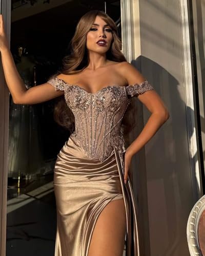 Mermaid Prom Dresses for Women Off Shoulder Satin Lace Corset Long Evening Formal Dress with Slit4