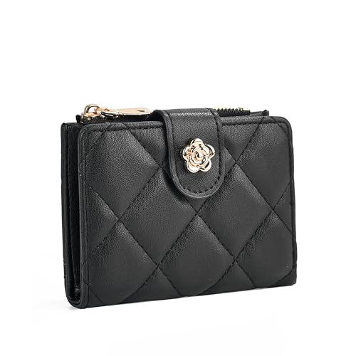 Small Wallet for Women Floral Snap Slim Quilted Faux Leather Zip Coin Purse & Card Holder - Black