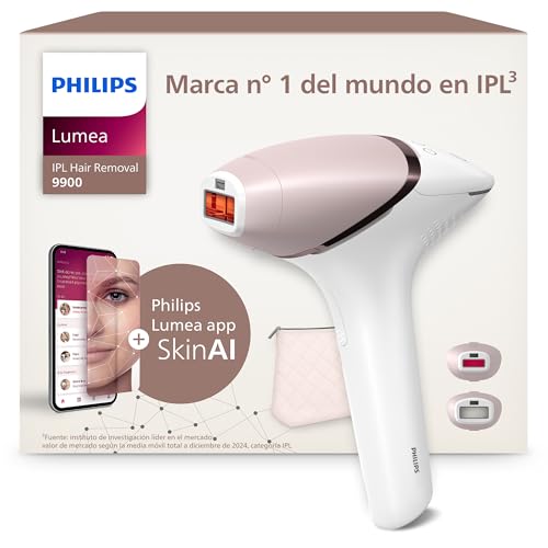Philips Lumea serie 9900, dispositivo de depilación IPL, alternaternativa a la depilación láser, tecnología SenseIQ y SkinAI, 2 accesorios para cuerpo y rostro, BRI950/02.