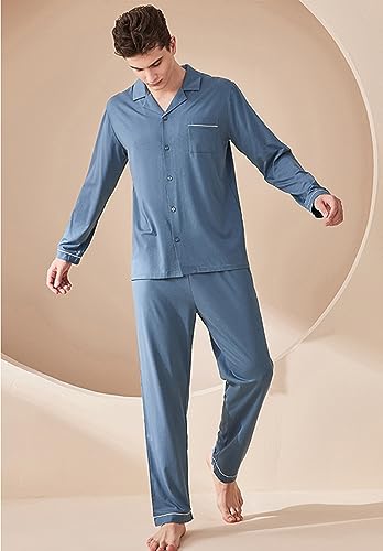 Modal Pajamas for Men Sleeve Long Leg Woven Pajama Set Button Down Sleepwear,Mens Classic Lattice PJs Sets3