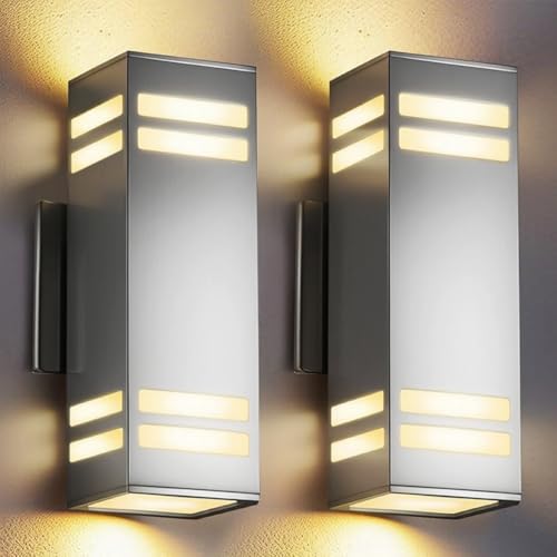 SHIMR Dusk to Dawn Outdoor Lighting 2 Pack, Up and Down Lights Stainless Steel Exterior Light Fixture with Photocell Sensor, Waterproof Modern Outside Lights for House Garage Porch, LED Bulbs Included