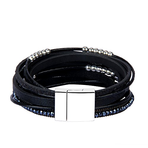 Azora Leather Wrap Bracelet Crystal Pearls Charm Straps Layered Cuff Bracelets For Women Girls Gift - Black #TOP2