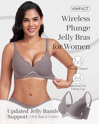 Image of Vinfact Plunge Jelly Bras for Women No Underwire Wireless Lift Full Coverage T Shirt Everyday Sleep Bra