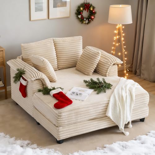 VINGLI 56" Oversized Chaise Lounge Chair, Beige Comfy Corduroy Chaise Sofa Recliner Bed Upholstered Sleeper Couch Bed with Throw Pillows and Armrests for Living Room, Movie Room, Bedroom