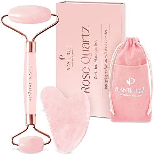 PLANTIFIQUE Rosenquarz Gesichtsroller & Gua Sha Stein Set -3 Stück mit Box | Face Roller & Guasha für Gesichtsmassage und reduziert Schwellungen - Face Massager - Massagesteine Ges
