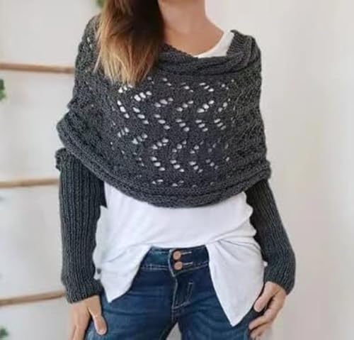 Multifunctional Scarf with Sleeves, Women Knitted Cable Wrap with Sleeves, Crochet Scarf Sweater Wrap (Wine Red, One Size)4