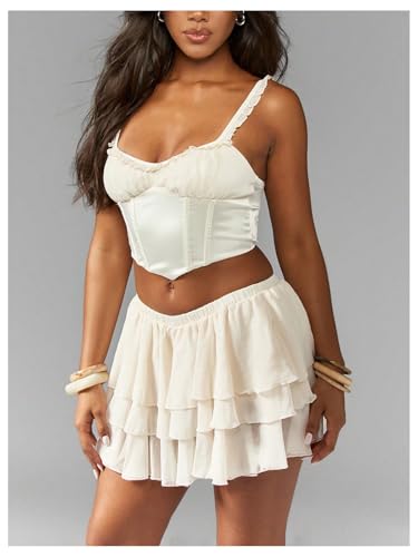 MakeMeChic Women's Summer Elegant Ruffle Tiered Mini Skirt Elastic Waist Short Skirts3