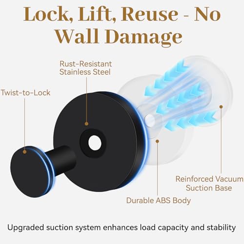 TACGEA Suction Cup Hooks for Shower, Wreath Hangers for Front Doors, Removable Towel Hooks for Bathroom Window Glass, Powerful Vacuum Shower Hook for Towel, Robe, Loofah - 2 Pack, Black — view 4