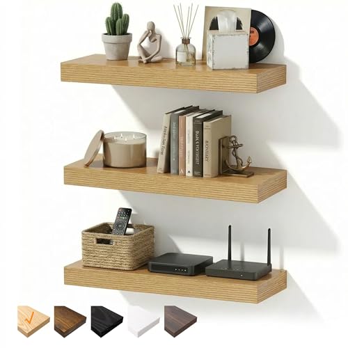 RICHER HOUSE Estantes flotantes de pared de 40 cm, estantes de pared de roble con soportes invisibles, estantes de madera MDF para baño, dormitorio, oficina, sala de estar, cocina, juego de 3, 40 x