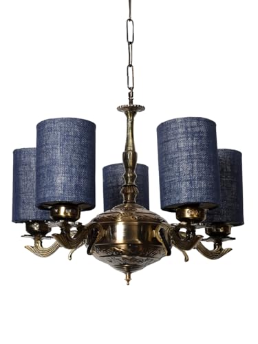 Image of Devansh 05 Lights Blue Jute Round Shade with Antique Golden Chandelier