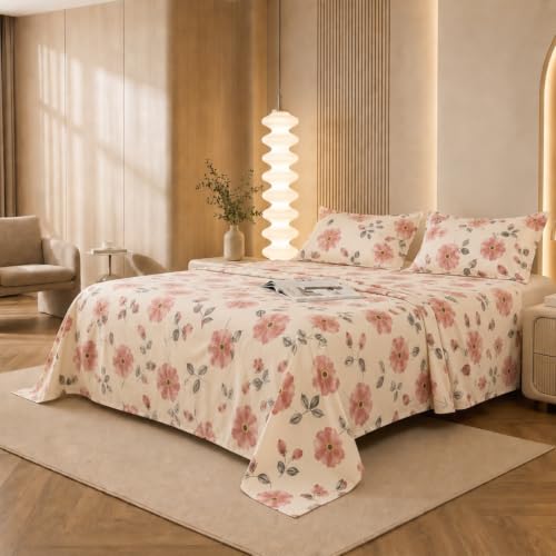 Image of MARROW LANE 300 TC Soft Air Cotton Double Bedsheet | Blush Poppy | Flatsheet with 2 Pillow Covers | Pink Floral Print (228.6 x 254 cm, Pink & White)