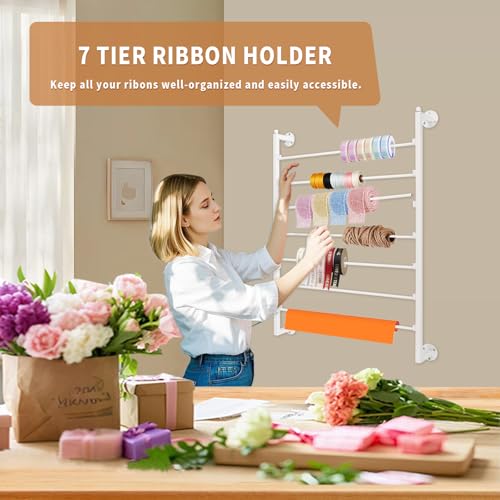 Image of Ribbon Storage Organizer,Wall Mounted Ribbon Holder Rack,7 Tier Large Capacity Metal Ribbon Storage for Craft Room,Flower Shop,Cake Shop,Gift Wrapping Paper,White