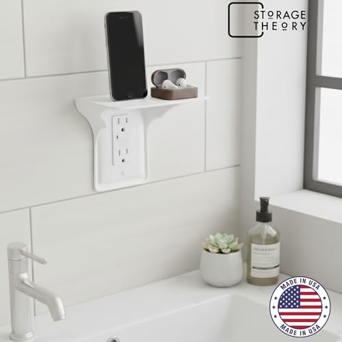 BeraTek Power Perch Wall Outlet Shelf with Cord Storage Strap - Declutter & Reclaim Counter Space - Phone Charging Shelf, Echo Alexa Stand, Apple HomePod Mini Wall Mount - White, 1-Pack