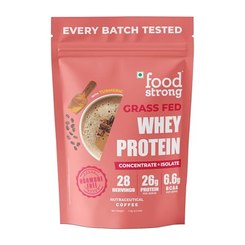 Image of Foodstrong Whey Protein Powder (Concentrate + Isolate), 100% Hormone Free Grass-Fed Whey, 24G Protein & 6.6G BCAA, Coffee, With Turmeric & Digestive Enzymes, 1KG