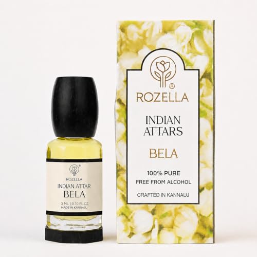 Image of ROZELLA Bela Mogra Authentic Attar for Men and Women | Floral Aroma Concentrated Perfume Oil | Traditional Fragrance Blend | Non Alcoholic Long Lasting Scent Roll On Perfume Attar | 3 ml