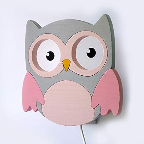 Clevere Kids Kinder-Wandlampe Alle meine Tiere | Handarbeit aus der EU | hochwertige Leselampe, Nachtlicht aus Holz | E14 (Eule grau-rosa) Cover