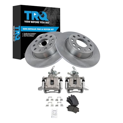Image of TRQ Rear Brake Pad and Rotor Set Semi Metallic Coated Rotors Calipers Compatible with 2010 Volkswagen Golf Jetta