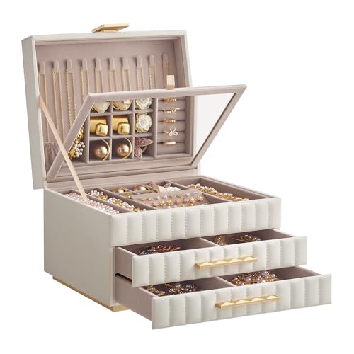 SONGMICS HOME ANAH Collection - Boîte à Bijoux à 3 Étages avec Miroir, Organiseur, avec 2 Tiroirs, Surface PU avec Coutures, Effet Suspendu, 21,5 x 24 x 15,8 cm,...