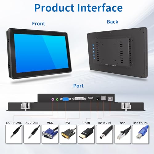 Image of 13.3 Inch Industrial Touch Screen Monitor, 10 Points Touch, Ratio 16:9 Capacitive PCAP Display, 1920 x 1080R, Active Matrix TFT LCD, LED Backlight, VGA, DVI, HD-MI Ports