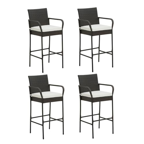 TANGZON Outdoor Rattan Bar Stools Set of 2/4 Wicker Bar Chairs with Detachable Cushion Backrest Footrest & Anti-slip Foot Pads High Back Counter Stools for Patio Poolside Balcony (Mix Brown 4PCS)