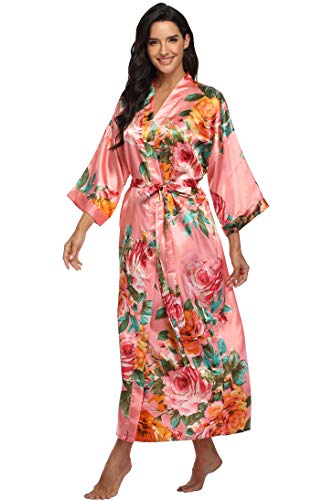 Image of Women Silk Kimono Robe Long Floral Bridesmaids Robes Satin | Wedding Party Bridal Getting Ready Robe Lightweight Dressing Gown Loungewear Sleepwear