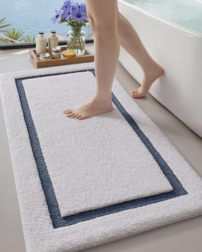 Image of Color&Geometry White Bathroom Rugs 43x24, Extra Soft Absorbent Microfiber Bath Rugs, Non-Slip Bathroom mat, Washable Plush Bath Mats for Bathroom, Shower, Bathtub, Laundry, White Blue
