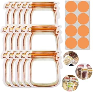 Yiran Spice storage Bags Mason Jar Bottles Bags, 12pcs Small Mason jar Spice Jars Bags with 24 Spice Labels, Food Storage Bags Snack Saver Container Leak-Proof Zip-Lock Bags for Travel Camping Picnic