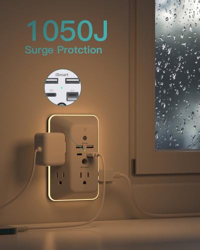 Addtam Surge Protector Outlet Extender, Plug Extension Outlet with Night Light, 5-Outlet Splitter and 4 USB Ports(PD 20W), Multi Plug Wall Outlet for Home Office Dorm Room Essentials