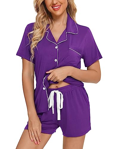 Image of Pjmlifecoco Women's Modal Pajama Set Short Sleeve Button Down Two Piece Soft Sleepwear with Shorts Loungewear S-XXL
