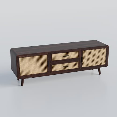 Image of DRIFTINGWOOD Amber Solid Sheesham Wood Modern Rattan TV Console for Upto 65 Inch TV, Boho Entertainment Center with 4 Storage Compartments (2 Drawers, 2 Cabinets), Walnut Finish
