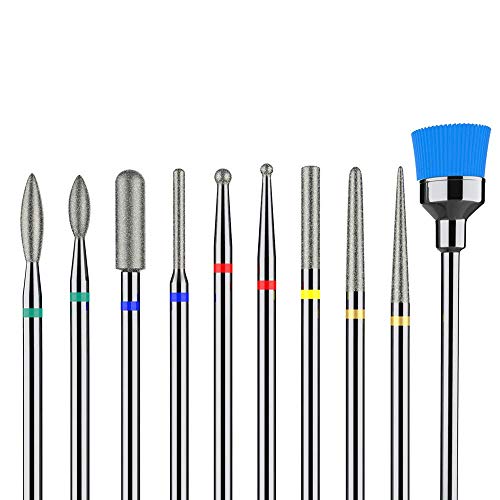 MelodySusie Diamond Cuticle Nail Drill Bits Set 10pcs, 3/32''(2.35mm) Professional Efile Nail Bit