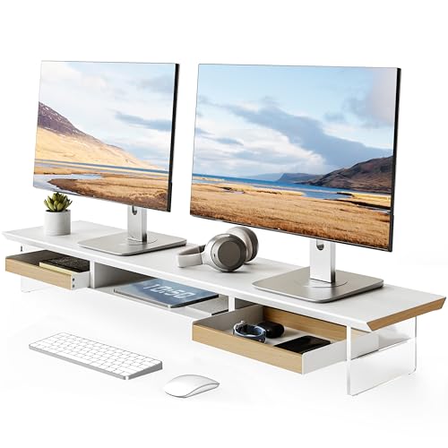 Fenge Soporte Monitor Escritorio, 108x 23x 12,9cm, Elevador Doble Monitor de 27” de Hasta 35 kg, con Cajones de Madera Maciza y Organizador, PC Stand para Ordenadores Portátiles Impresoras TV (Blanco)
