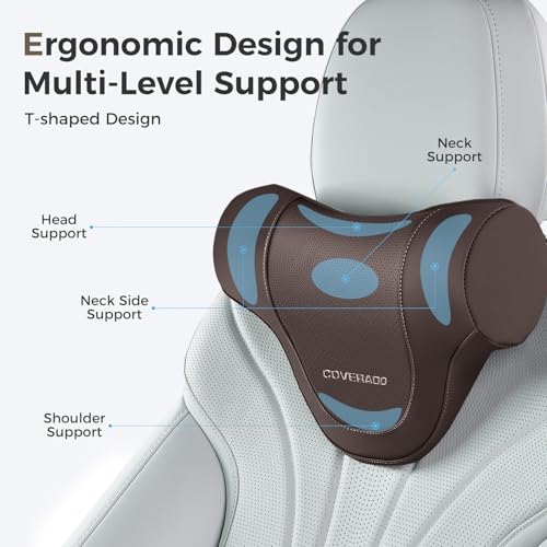 Image of Coverado Car Headrest Pillow, Ergonomic Memory Foam Car Neck Pillow for Driving Seat with Adjustable Strap, Soft PU Leather Breathable Removable Cover Neck Support for Neck Pain Relief