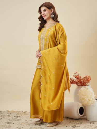 Image of MOKOSH Women's Silk Embroidery Kurta Sharara with Dupatta | Kurta Set | V Neck Full Sleeve Ethnic Suit | Indian Kurta Outfit with Sharara |3 Piece Outfit