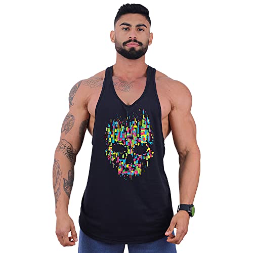 Regata Longline Super Cavada Masculina MXD Conceito Estampas Bonitas (G, Preto Caveira Colorida)