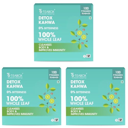 Image of Teabox Detox Kahwa Herbal Tea | 100 Biodegradable Teabags | 8 Natural Ingredients | Supports Body Detox & Healthy Digestion | 0% Bitterness | Caffeine-Free Wellness Brew (Pack of 3)