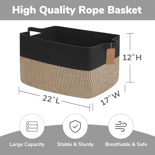 Image of Goodpick 75L Extra Large Woven Blanket Basket, Rectangle, Black & Jute