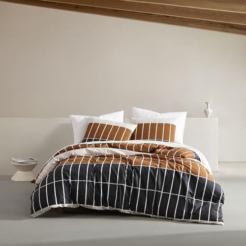 Image of MARIMEKKO - Queen Duvet Cover Set, Organic Cotton Bedding with Matching Shams, Modern Home Decor, GOTS Certified (Tiiliskivi Raita Charcoal, Queen)
