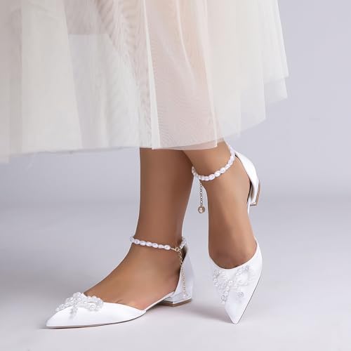 Women's Pearls Ankle Strap Wedding Bridal Shoes Satin Low Heels Ballet Flats Closed Pointed Toe Evening Party Dress Sandles2