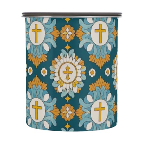 Amooorous Recipientes herméticos de acero inoxidable para almacenamiento de café con diseño floral en forma de cruz, color azul y amarillo