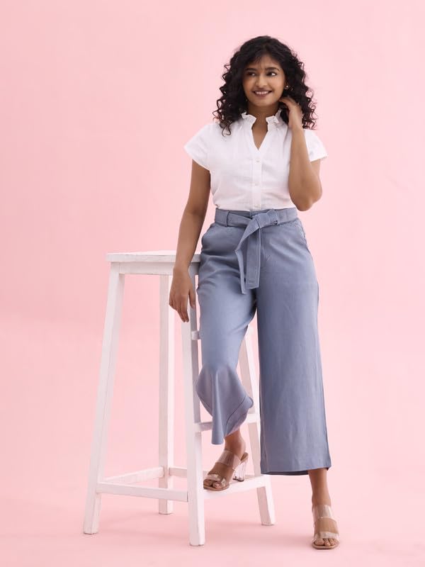Image of GO COLORS Solid Linen Culottes for Women | High Rise, Side Pockets, Front tie-up