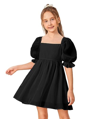 WDIRARA Girl's Square Neck Puff Sleeve Zipper Back Mesh Ruffle Hem A Line Dress