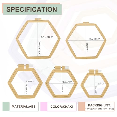 Image of PATIKIL 5 Pieces 5 Sizes Hexagonal Embroidery Hoops, Adjustable Cross Stitch Hoops Ring ABS Plastic Embroidery Frame Punch Needle Hoop for Sewing, Needlework, DIY Craft, Khaki