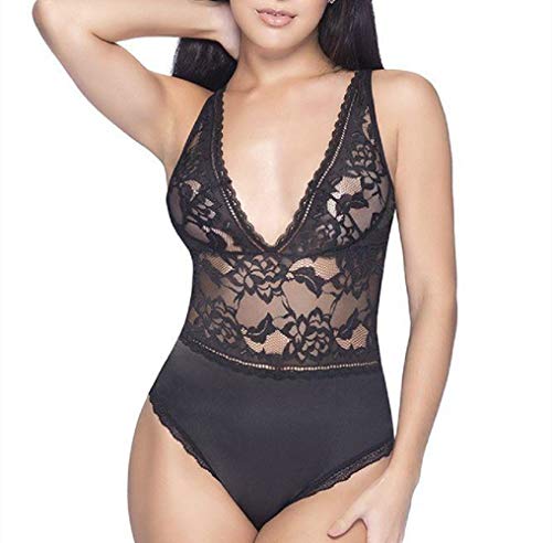 Women's Sexy Bodysuit, Satin Lace Leotard Deep V Sleeveless Open Back Scalloped Lace Trim Summer Tops (Black,M,372e)
