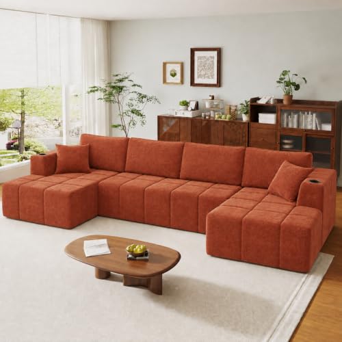Image of KCGKCG 132 inch U Shaped Chenille Cloud Couch - No Assembly Required, Orange