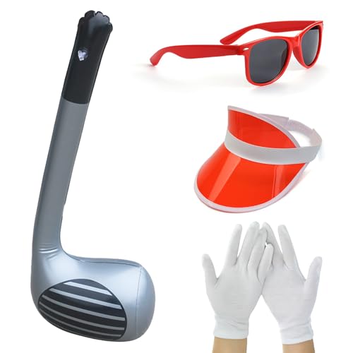 AYNKH Déguisement Pub Golf 4 Pièces avec Club Gonflable, Casquette Rouge, Gants Blancs et Lunettes – Accessoires de Fête pour Adultes et Enfants