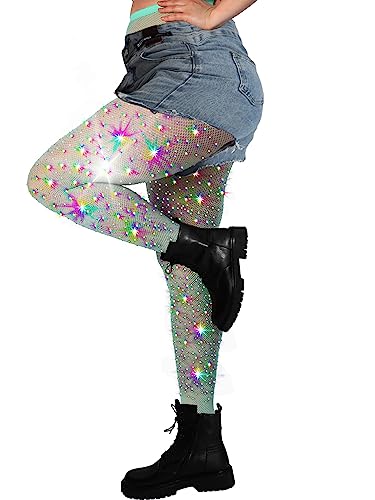Image of DancMolly 10X Strong Ultra Sparkly Rhinestone Fishnet Stockings, Plus Size Sparkle Tights for Women Sexy Party Concert Outfit