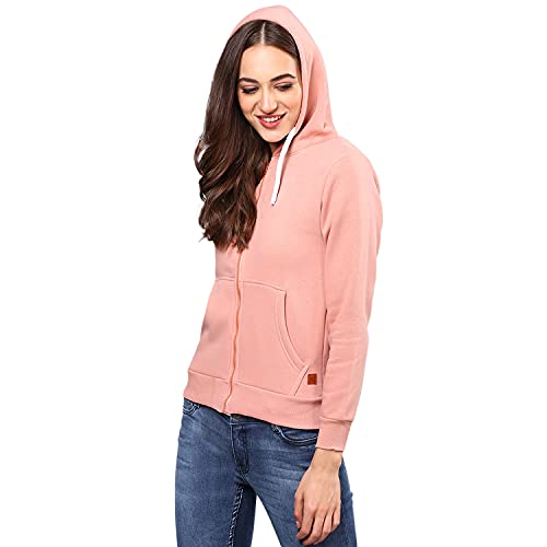 Image of PINACOLADA Women's Light Pink Zip-Front Hoodie with Ribbed Hem for Casual Wear | Hooded Neck | Long Sleeve | Zipper Closure | Cotton Sweatshirt Crafted with Comfort Fit for Everyday Wear