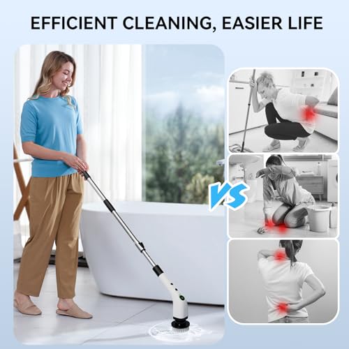 Image of Electric Bathroom Cleaning Brush, Cordless Spin Scrubber Full Body Waterproof IPX7 with Adjustable Handle, 8 Replaceable Brush Heads for Bathtub /Kitchen /Window /Home -SD-CTB01